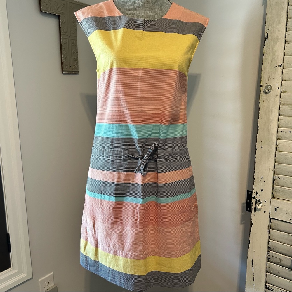 Lacoste striped sleeveless mini dress tie waist pockets size S pastel colours